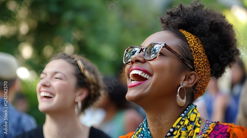 A woman of mixed heritage is laughing with her friend after hearing a humorous remark.