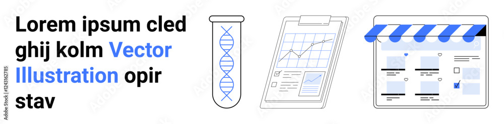Test tube with DNA helix, clipboard with a bar graph, and website template under a striped awning. Ideal for technology, scientific research, data analysis, business reports, web development Test tube with DNA helix, clipboard with a bar graph, and website template under a striped awning. Ideal for technology, scientific research, data analysis, business reports, web development