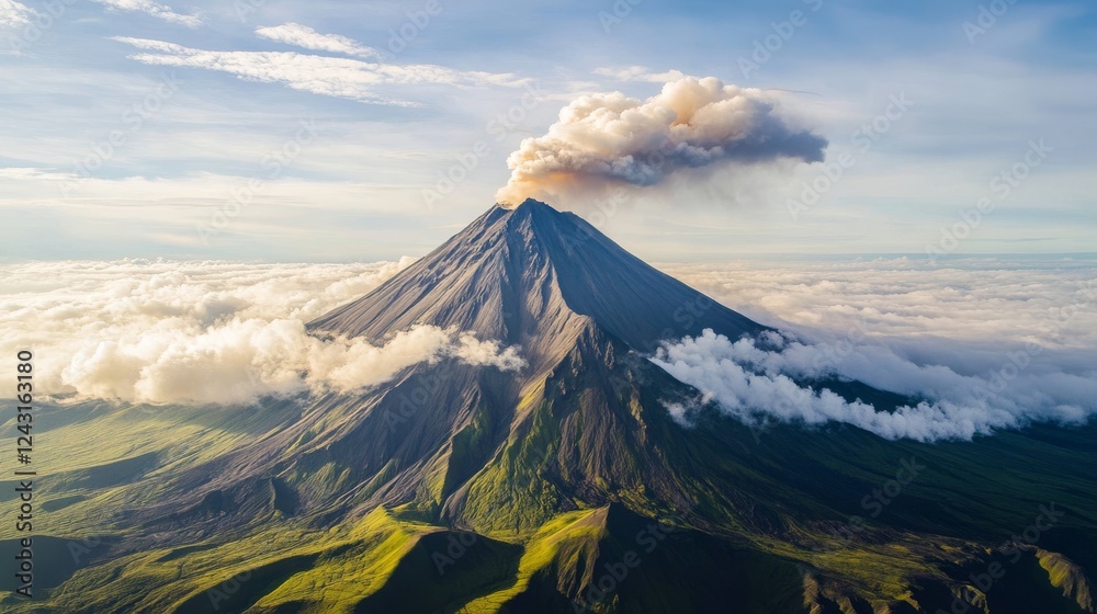 Stunning aerial shot of Karymsky Volcano in Kamchatka, Russia. The volcano spews smoke and lava into the air, creating a breathtaking spectacle against the rugged landscape. Stunning aerial shot of Karymsky Volcano in Kamchatka, Russia. The volcano spews smoke and lava into the air, creating a breathtaking spectacle against the rugged landscape.