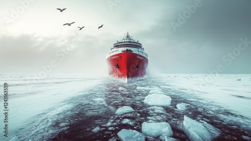 Red icebreaker ship navigating through ice-covered arctic waters