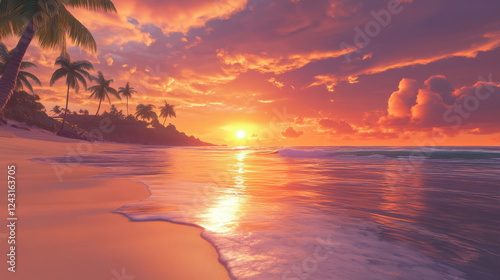 A mesmerizing coastal landscape during sunset, pristine beach with soft golden sand, waves gently caressing the shore