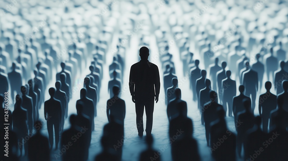 Fototapeta premium Colorful silhouette pf person standing in monochrome crowd of different people,surreal unique and different concept,loneliness in society,shadow,freedom,Love,be yourself,Stand out from the crowd.
