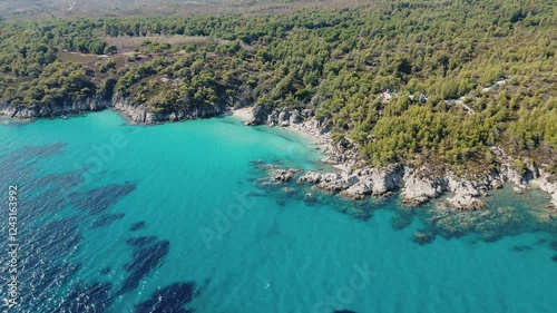 Amazing Kavourotrypes Beach in Sithonia peninsula, Halkidiki, Greece. Top down aerial view of the Paradise beach in Sithonia photo