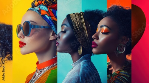 Vibrant collage featuring diverse women on a colorful background. photo