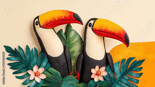 Impressive artwork featuring two colorful toucans surrounded by tropical leaves and flowers, creating vibrant and lively atmosphere photo