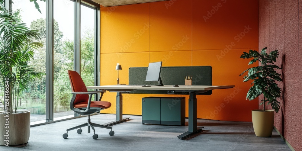 Fototapeta premium Smart office technology integrated with acoustic insulation and flexible workspace solutions creating a highly adaptable and sound-controlled work environment