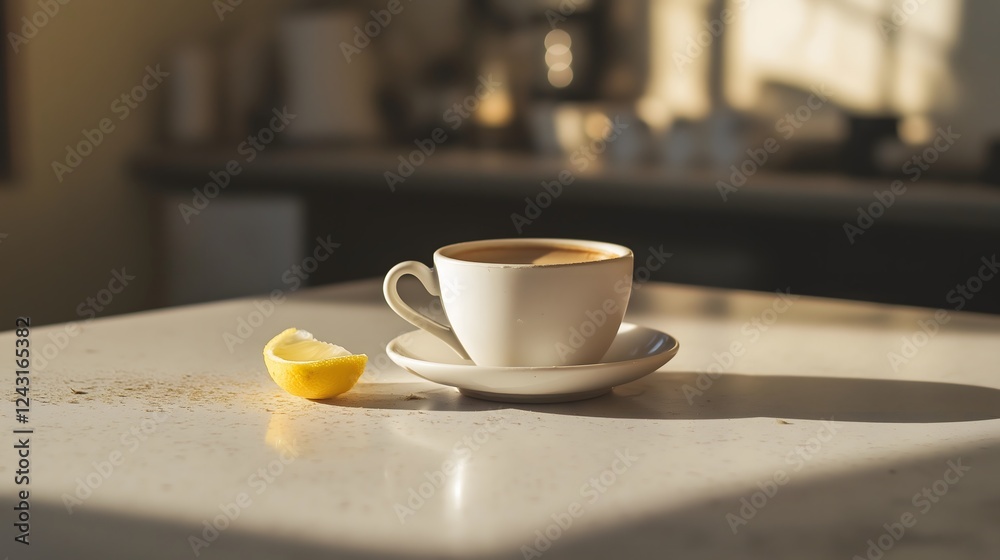 Coffee Cup with Lemon Slice on a Sunlit Tabletop, Warm Aesthetic Coffee Cup with Lemon Slice on a Sunlit Tabletop, Warm Aesthetic