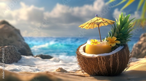 Wallpaper Mural Pia colada in a coconut shell with a tiny umbrella, ocean in the background. Torontodigital.ca