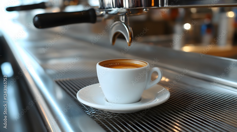 Fresh Espresso Poured into White Cup From Espresso Machine at Cafe Fresh Espresso Poured into White Cup From Espresso Machine at Cafe