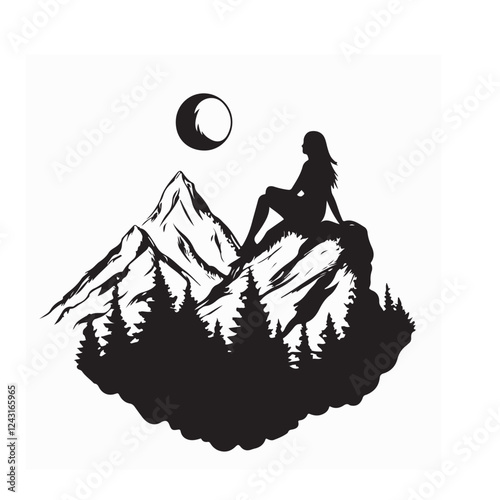 Beautiful woman sitting on mountain top and contemplating landscape silhouette vector.