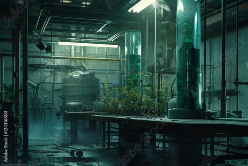 In a Laboratory Setting, Bio-Constructs Are Thriving Within Transparent Containers, Showcasing Their Vibrant Green Leaves. These Plants Are Illuminated by Artificial Lighting.