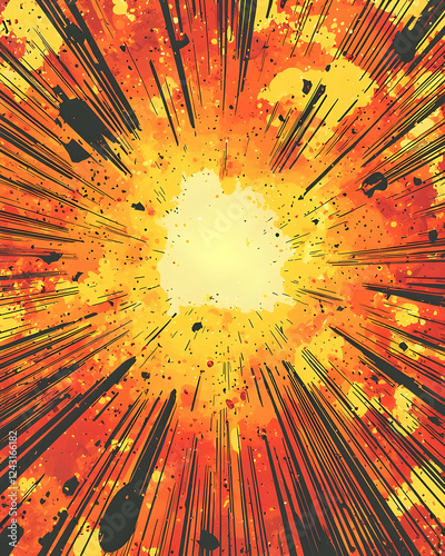 Abstract Art: Fiery Burst, Vivid Hues, Dynamic Energy, Radiating Light, Orange Yellow Explosion photo