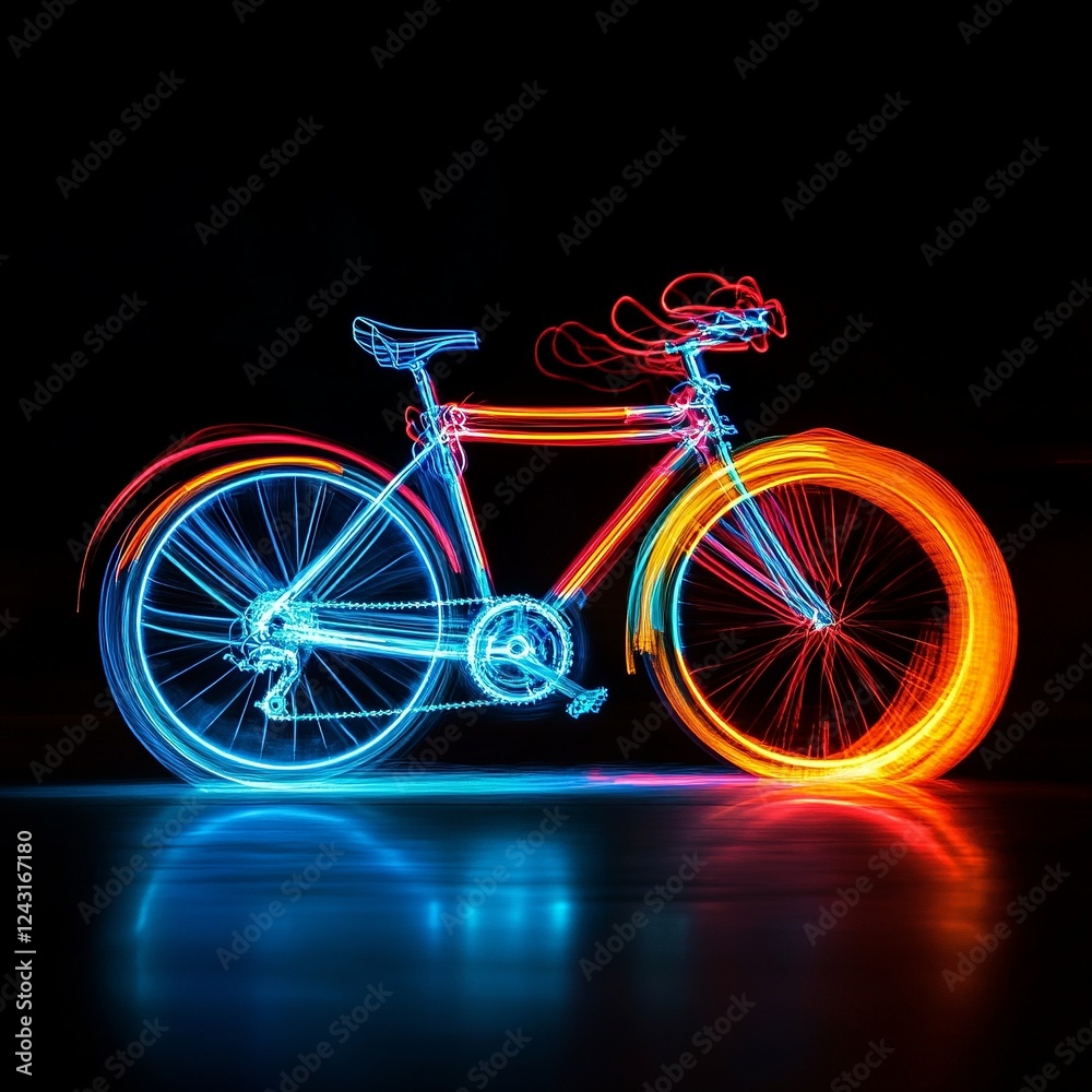 Fototapeta premium light painting shot of a bicycle at night, long exposure shutter speed, vibrant colors forming abstract shapes, and low angle shot for added drama