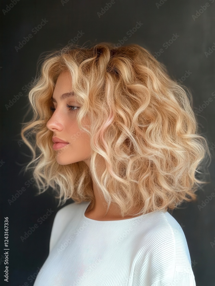 Trendy Blonde Hairstyle with Large Curls for Women, Professional Salon Styling in Soft Pink Tones Trendy Blonde Hairstyle with Large Curls for Women, Professional Salon Styling in Soft Pink Tones