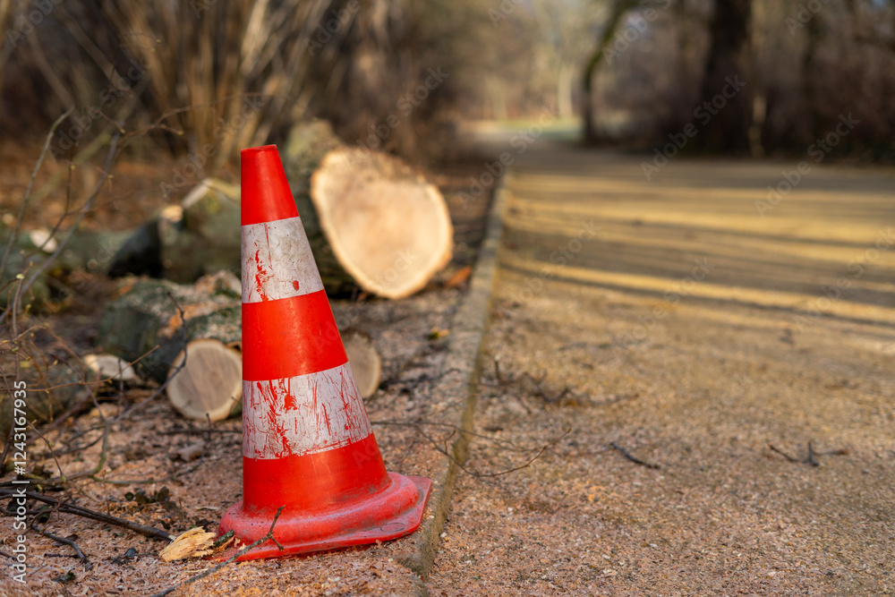 Tree felling work with warning cones in a park Tree felling work with warning cones in a park