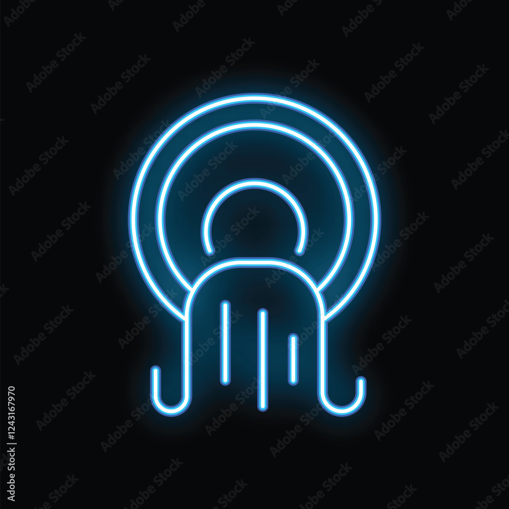 Blue neon sign representing a towel hanging on a towel ring on a black background, ideal for hotel, spa or bathroom decoration Blue neon sign representing a towel hanging on a towel ring on a black background, ideal for hotel, spa or bathroom decoration