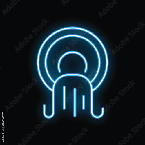 Blue neon sign representing a towel hanging on a towel ring on a black background, ideal for hotel, spa or bathroom decoration