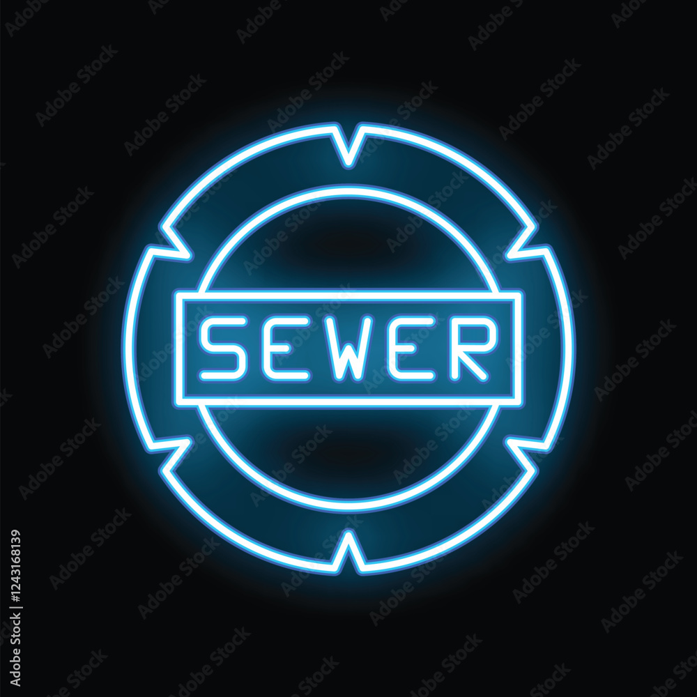 Bright blue neon sign glowing on a wall, indicating the location of a sewer system Bright blue neon sign glowing on a wall, indicating the location of a sewer system