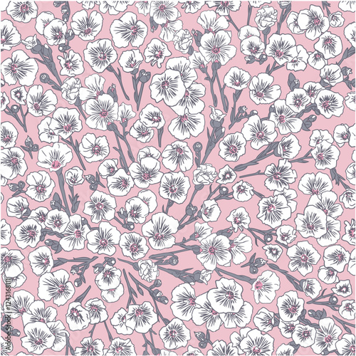 Vintage seamless floral pattern. Background of small flowers in pastel colors. Small blooming flowers are scattered on a pink background. Vector background for surface printing and web design.