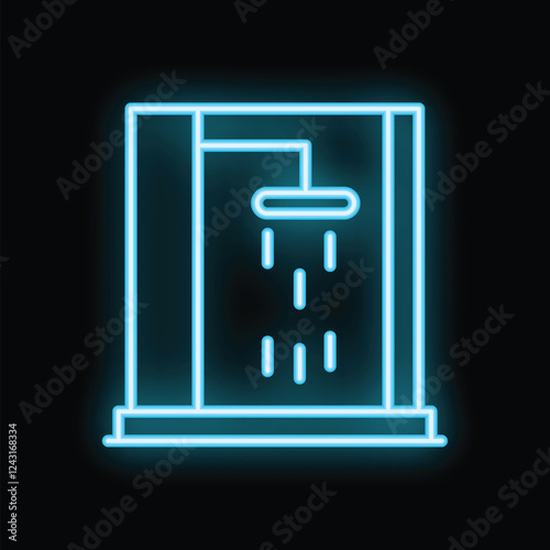 Glowing neon blue sign of a shower stall with water running