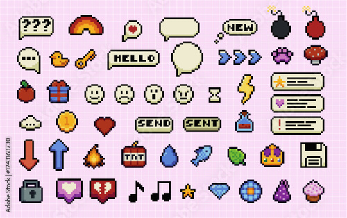 Set of pixel art speech bubbles and icons. Wow. Surprise. Bang. Bomb. Retro game style dialogue box and elements vector collection. Pixels Y2k trendy playful stickers. 8bit. Mood of 90's aesthetics photo