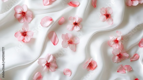 Scattered cherry blossom petals on white silk fabric, celebrating Sakura Festival.