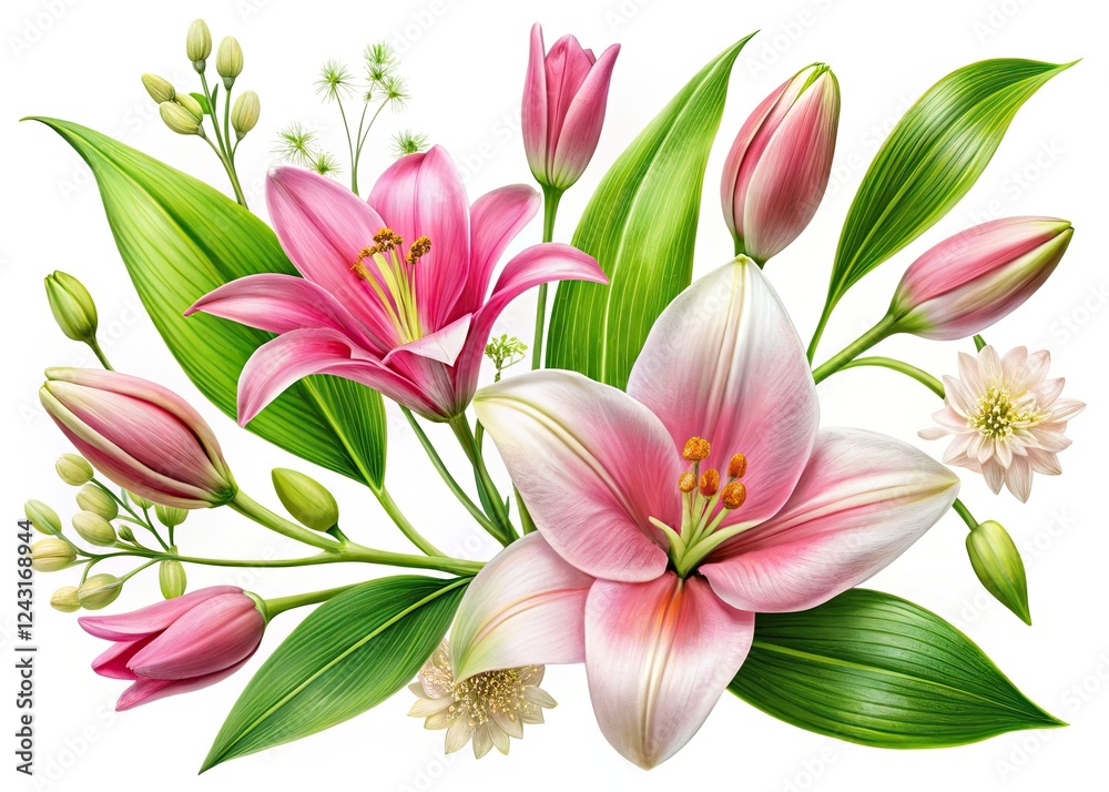 Fototapeta premium Urban exploration reveals delicate pink flowers, vibrant green leaves, and promising lily buds in PNG format.