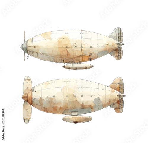 Watercolor Blimp. Vintage hand drawn vector illustration