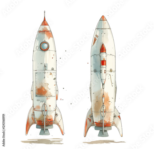 Watercolor rocket. Vintage hand drawn vector illustration