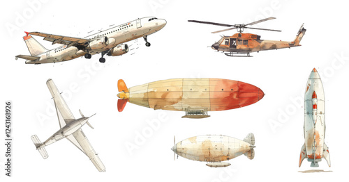 Air transport isolated on white, set of planes and helicopters in cartoon style, vector illustration. Airplane, parachute jump na paragliding sport people. Airship, hot air balloon aviation collection