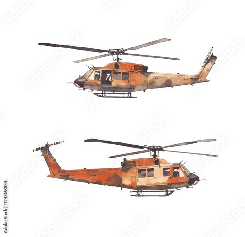Watercolor helicopter several types. Vintage hand drawn illustration in vector
