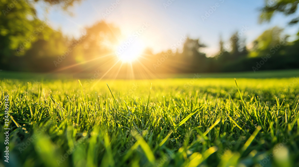 A field of green grass basks in bright sunshine. A field of green grass basks in bright sunshine.
