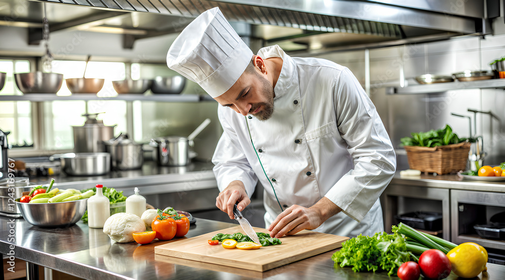 Professional Chef Cooking Fresh Ingredients in a Modern Restaurant Kitchen Professional Chef Cooking Fresh Ingredients in a Modern Restaurant Kitchen