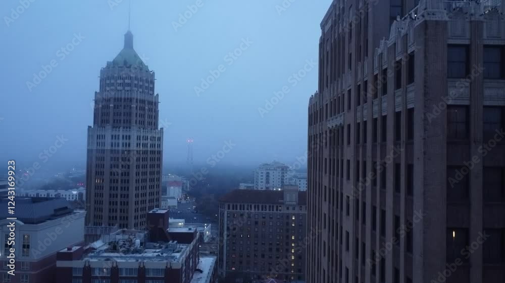 A drone ascends a towering building on a foggy day, disappearing into the mist as the city fades into a cloudy backdrop. A drone ascends a towering building on a foggy day, disappearing into the mist as the city fades into a cloudy backdrop.