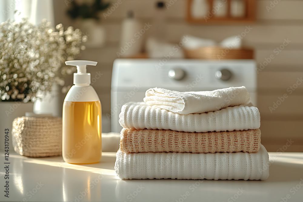 A neatly folded stack of clothes on a clean surface, with a white washing machine in the background and a container of unbranded liquid detergent in the foreground. A neatly folded stack of clothes on a clean surface, with a white washing machine in the background and a container of unbranded liquid detergent in the foreground.