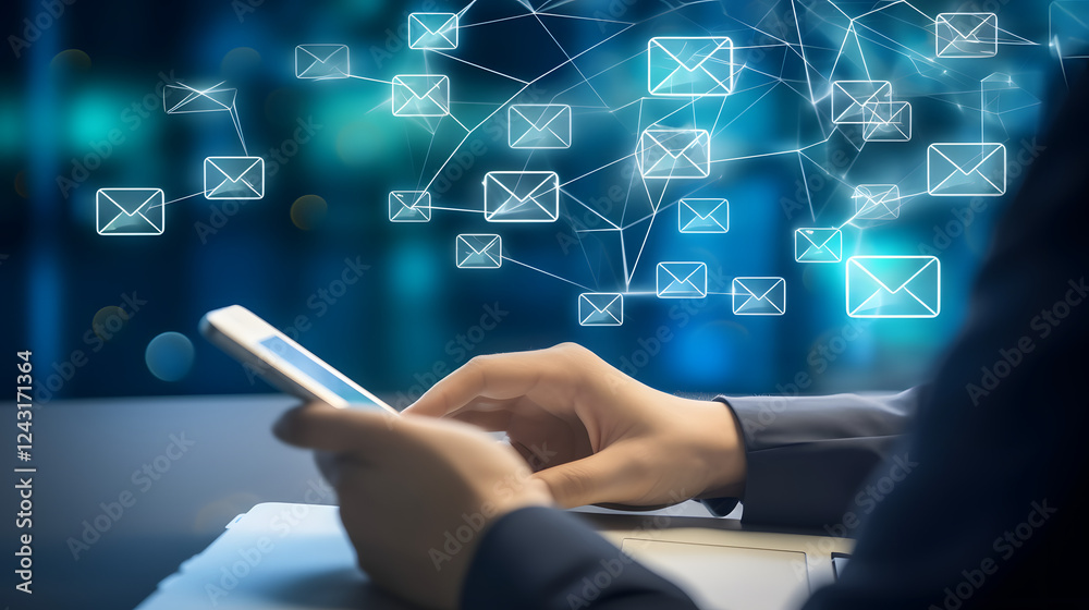Close up of businesswoman using mobile phone with email icons on screen Close up of businesswoman using mobile phone with email icons on screen