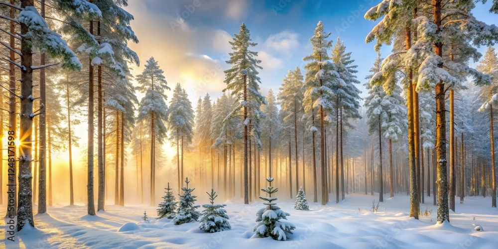 Obraz premium Golden Sunrise Illuminating a Snow-Covered Pine Forest with Soft Mist and Small Evergreens