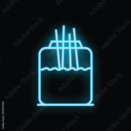 Blue neon sign of incense sticks burning in water in square container, aromatherapy concept