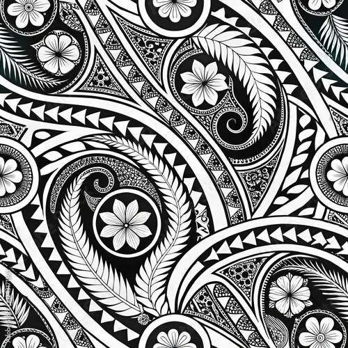 Seamless Polynesian tattoo pattern with flowers, leaves, and turtle