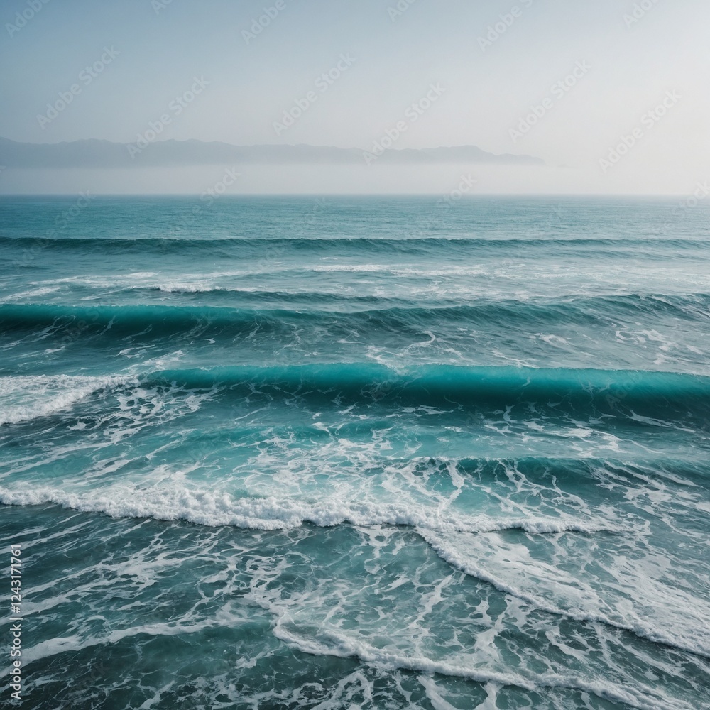 Serene coastal scene, where a vast turquoise ocean stretches endlessly, its misty horizon blending seamlessly into a luminous white background. Serene coastal scene, where a vast turquoise ocean stretches endlessly, its misty horizon blending seamlessly into a luminous white background.