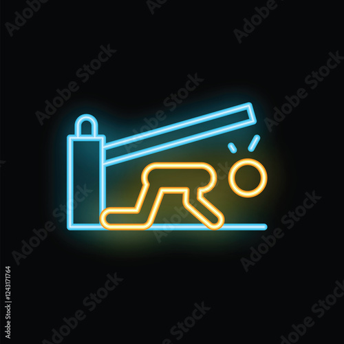 Glowing neon line icon of a person crawling under a closed barrier, representing restricted area or access denied concept