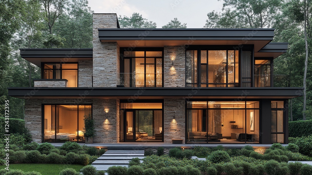 Fototapeta premium Modern luxury house with stone facade, large windows, and outdoor lighting at dusk. (1)