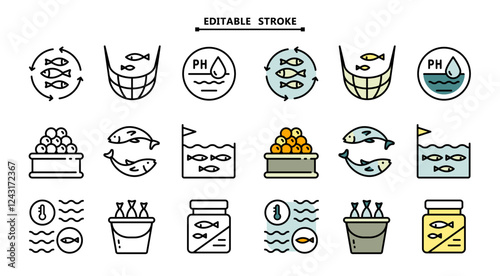 Fish farm icons set. Editable stroke. Color set of fish farm icons. Simple vector illustration for mobile concept and web design.