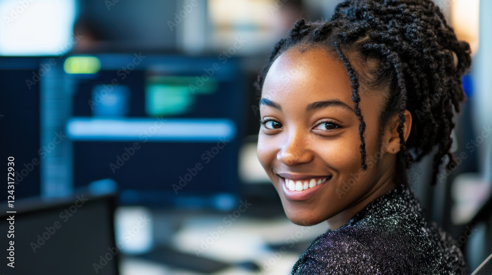 Young woman smiles at the camera while working on a computer in a modern tech environment Young woman smiles at the camera while working on a computer in a modern tech environment