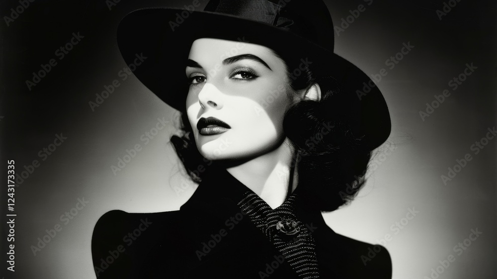 Brunette fashion model, 1940's style and make-up shoot black and white Portrait. Vintage style fashion model with hat. Smokey make-up. Dramatic. Elegant. Brunette fashion model, 1940's style and make-up shoot black and white Portrait. Vintage style fashion model with hat. Smokey make-up. Dramatic. Elegant.