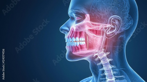 A detailed anatomical illustration of the human skull and jaw, highlighting structures like teeth and muscles, set against a dark background. photo