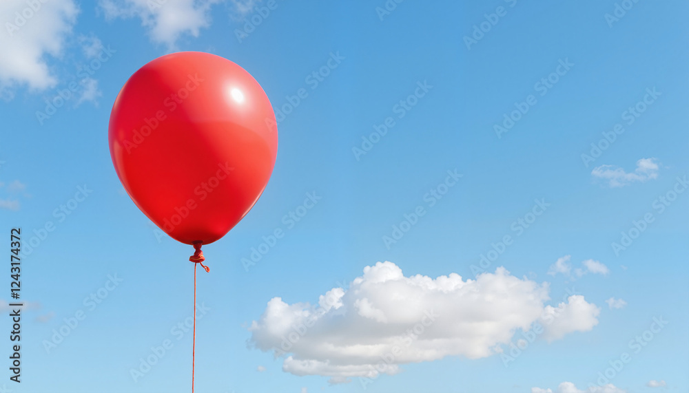 Fototapeta premium Red balloon floating in blue sky with white clouds.