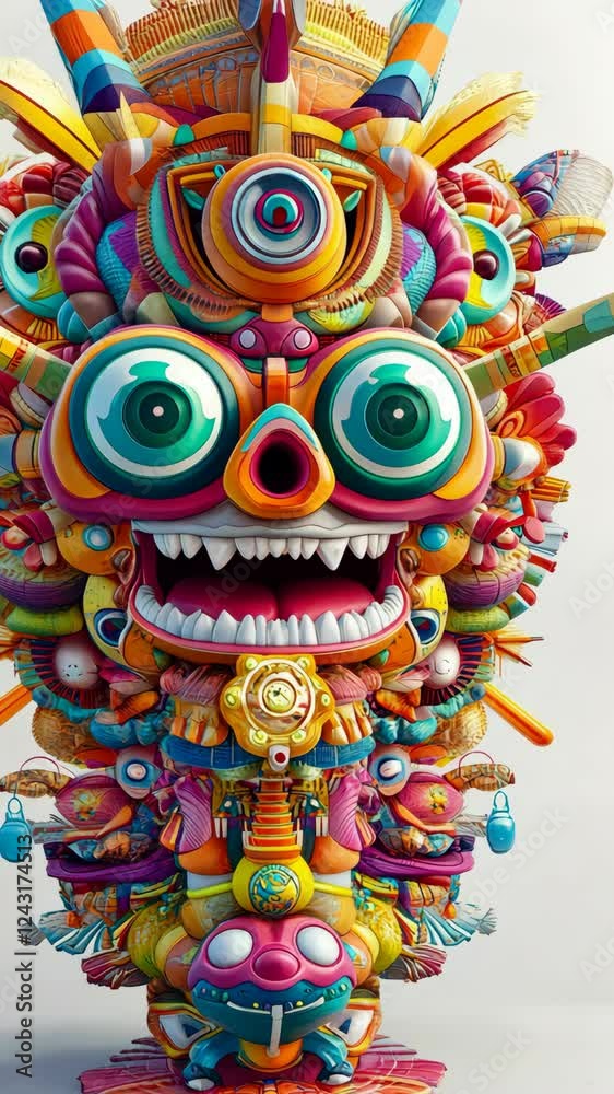 Colorful sculpture with vibrant designs and exaggerated features displayed in an artistic environment Colorful sculpture with vibrant designs and exaggerated features displayed in an artistic environment