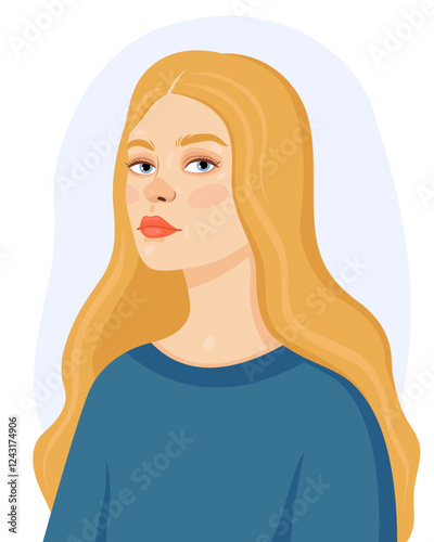 Portrait of a young blonde woman with long hair, blue eyes and blue clothes. Women's day. Pretty european girl. Vector illustration.