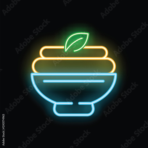 Neon sign illuminating a bowl full of food with a garnish on a dark background